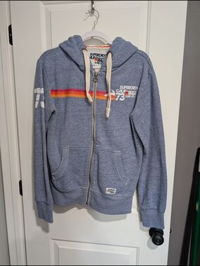 Superdry Heather Blue Full-Zip Hoodie with Sunset Chest Stripe